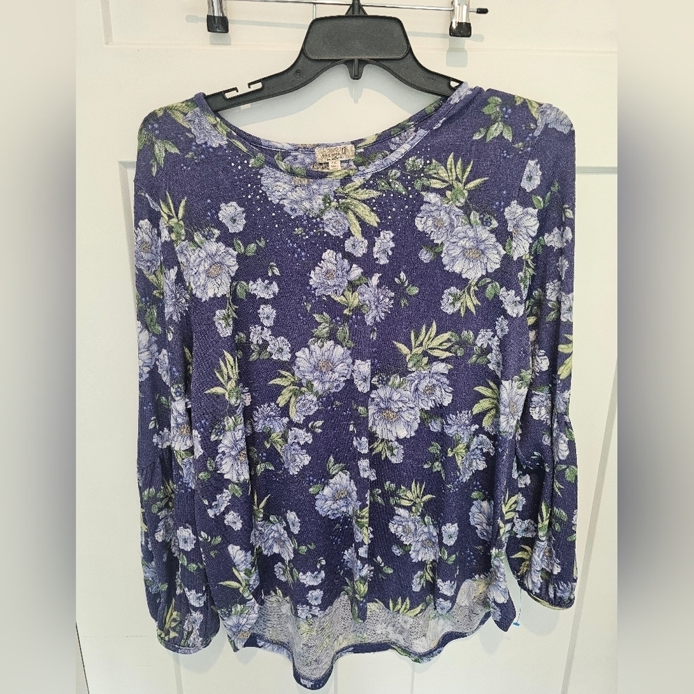 OneWorld XXL Floral Rhinestone Tunic Top Navy Purple Long Sleeve Boho Shirt